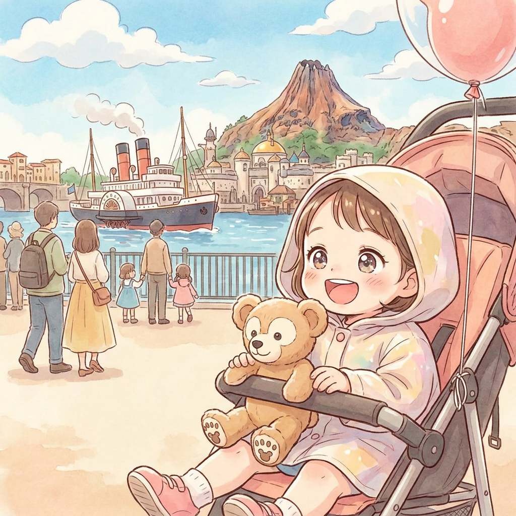 Smiling child in stroller holding teddy bear with waterfront, steamship, and families in background