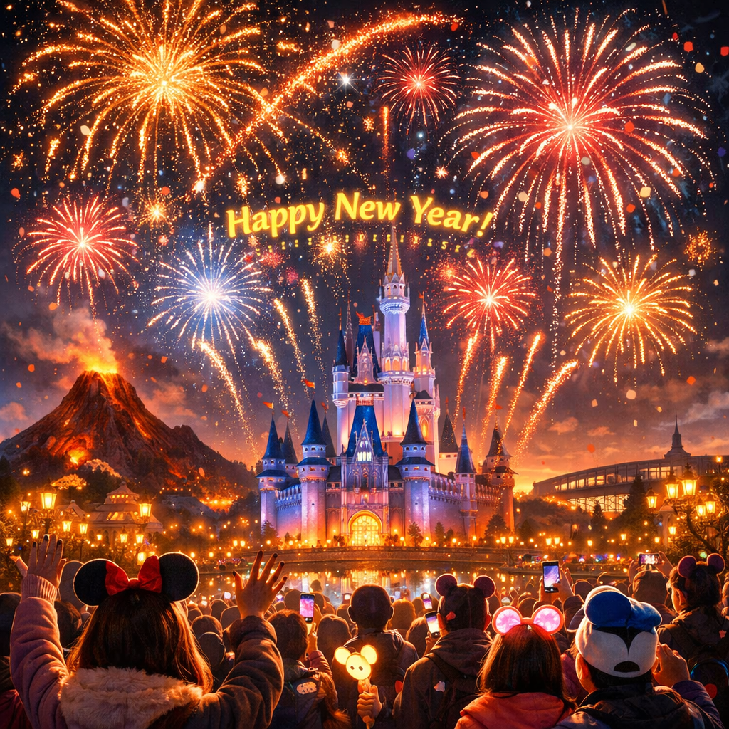 Fireworks bursting over a lit castle with people watching and celebrating New Year